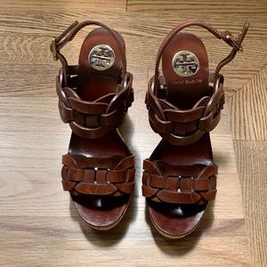 Tory Burch wedge sandals. Braided brown with gold clasps. Great condition.